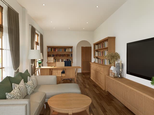 ภาพเรนเดอร์ห้องนั่งเล่นที่ตกแต่งแล้วเสร็จ 1